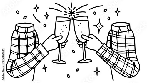 Friends celebrating with champagne in plaid shirts happily