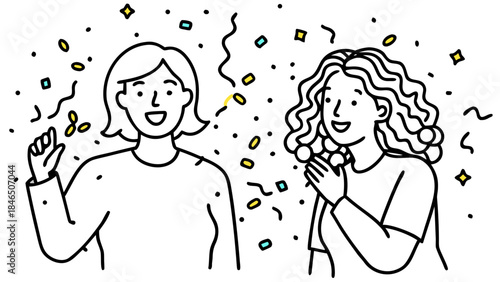 Two happy women celebrating with confetti and streamers around them