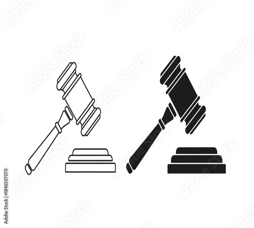 A black and white illustration depicts two gavel and sounding block icons representing justice and legal proceedings