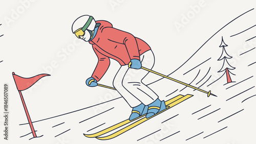 Skier in action on snowy slope with flags