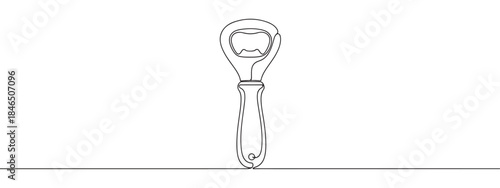 Continuous one line drawing of a bottle opener. Vector illustration of a kitchen bar tool isolated on white background. Minimalist equipment concept