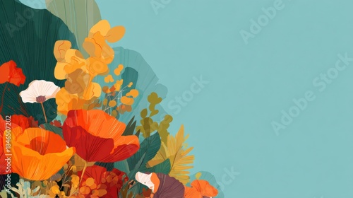 Colorful flowers in a bright background with leaves and plants