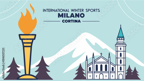 International winter sports event logo with torch and mountain landscape