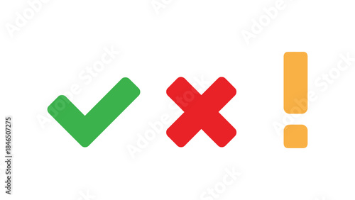 Check mark, cross, and exclamation icons on white background