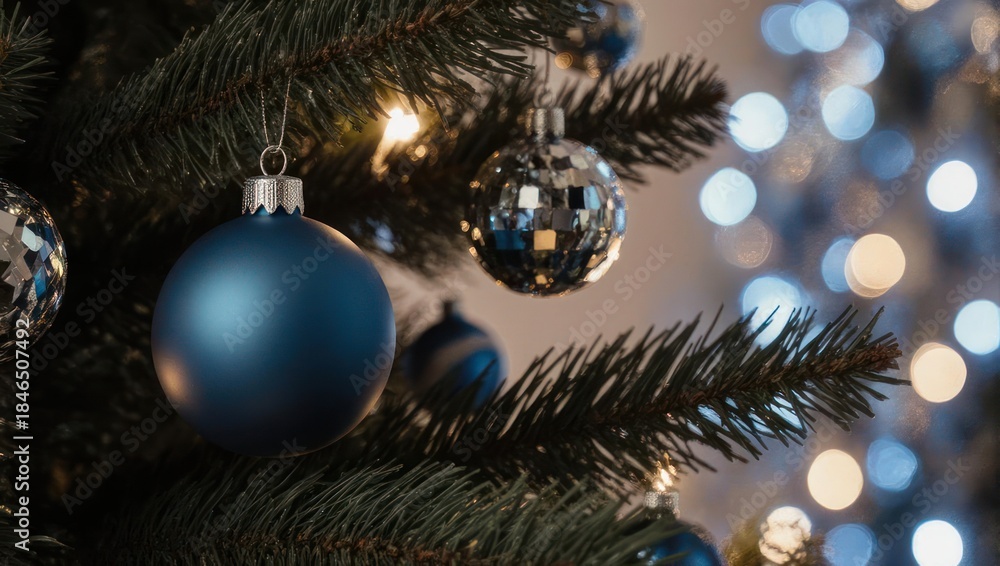 Obraz premium Festive Christmas Tree Decorations with Blue and Silver Ornaments.