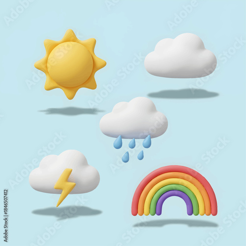 Collection of cartoon weather icons including sun, clouds, lightning, and rainbow on a light blue background