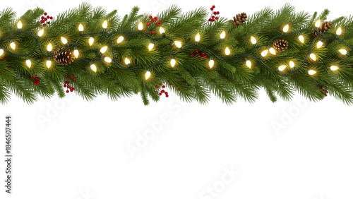 Seamless Christmas border with realistic green fir branches, pine needles, and glowing holiday light garlands. Perfect for winter greeting cards, web banners, and festive design elements. PNG format.