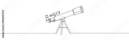 Continuous one line drawing of a telescope. Vector illustration of astronomy equipment on a tripod isolated on white background. Minimalist space concept