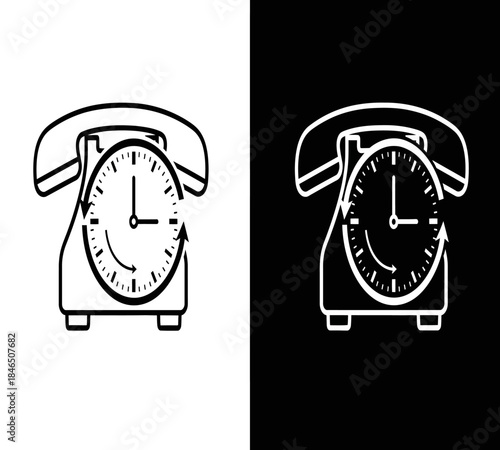 A vintage rotary telephone with a clock face presented in both positive and negative color schemes