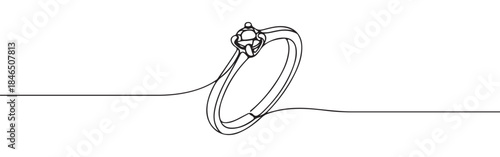 Continuous one line drawing of a diamond ring. Vector illustration of wedding or engagement jewelry isolated on white background. Minimalist love concept