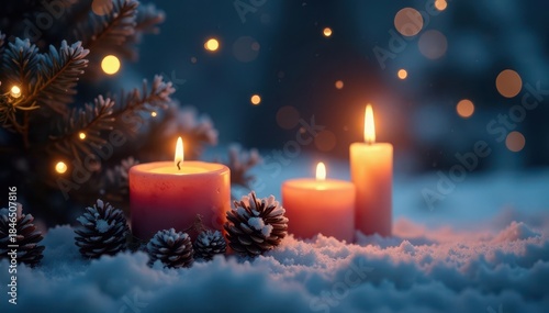 Flickering candle flames & twinkling fairy lights illuminate a winter scene, christmas, magical, hygge