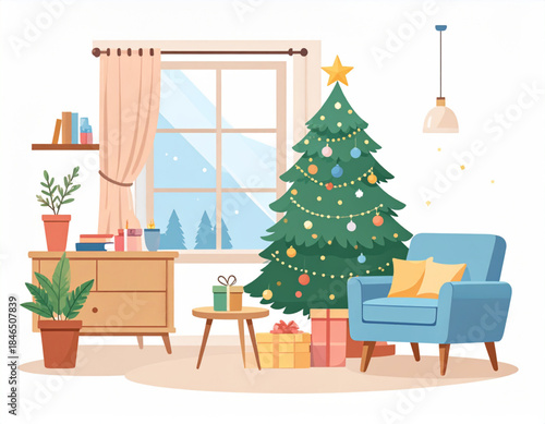 Cozy living room decorated for Christmas with a festive tree, presents, an armchair, and a window view of a snowy landscape.