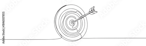 Continuous one line drawing of an arrow hitting a target. Vector illustration of bullseye goal success isolated on white background. Minimalist business concept