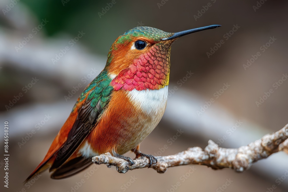 Naklejka premium Colorful hummingbird perched on a branch in its natural habitat captures the dazzling beauty of wildlife in a serene environment with intricate feather details and vibrant colors