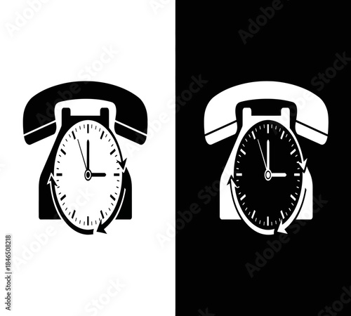 A striking visual contrast depicts a black and white retro telephone integrated with a clock face symbolizing time and communication