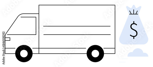 Delivery truck and money bag emphasizing logistics, financial transactions, e-commerce, supply chain, cargo transport, freight services. Ideal for business, banking, shipping investment logistics