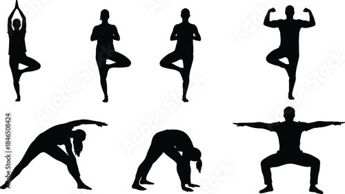 Yoga silhouettes set, seven poses of balance and flexibility, tree pose variations, forward bend, side stretch, wide-legged squat, minimal vector design