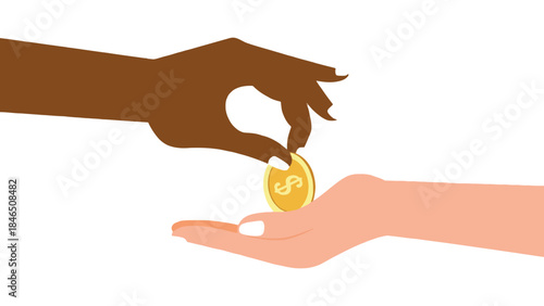 Hands exchanging a gold coin with dollar sign