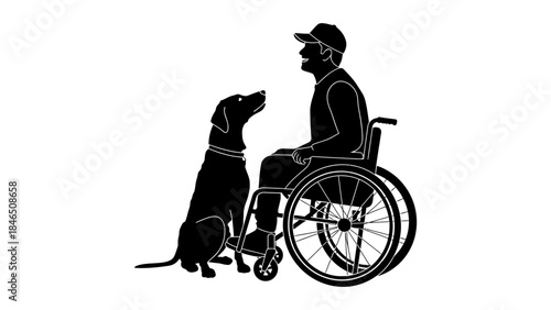 Man in wheelchair with guide dog sitting together
