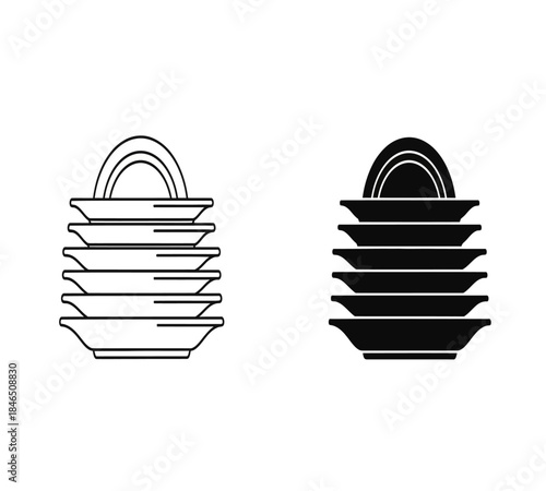 A minimalistic representation of stacked plates in outline and filled black styles presented side by side for visual comparison