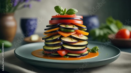 A gourmet french ratatouille with stacked vegetable dish featuring eggplant, tomato, and zucchini on a plate