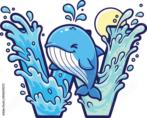 Happy Cartoon Whale Water Splash Letter W