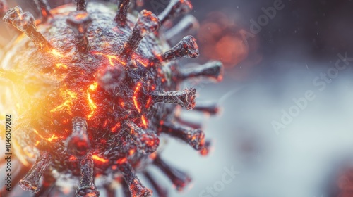 Close-up view of virus with glowing features and detailed texture