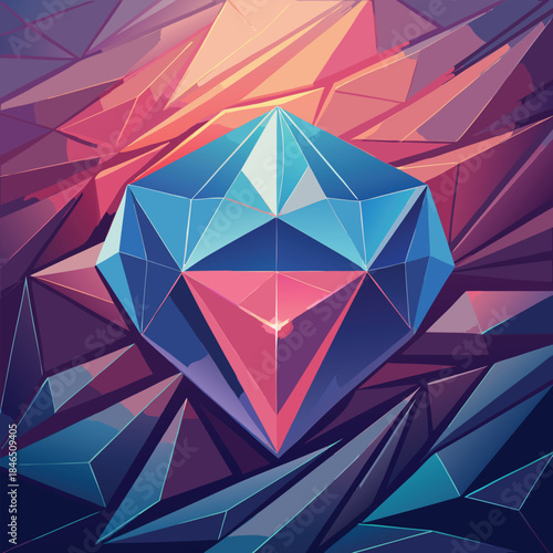 Large faceted diamond crystal on a geometric abstract background jewel