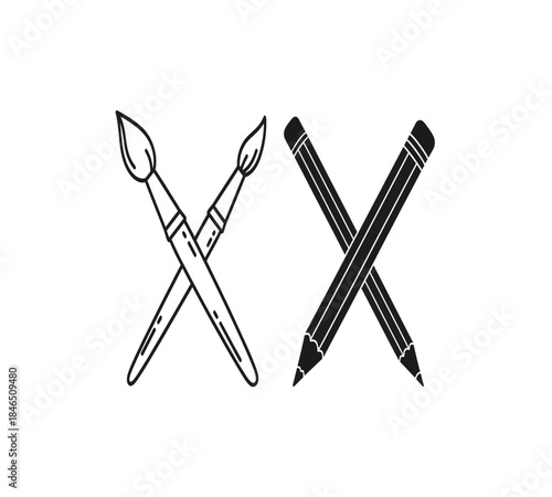 A minimalistic black and white illustration featuring crossed paintbrushes and pencils symbolizing creativity and artistic expression