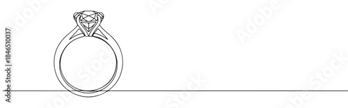 Continuous one line drawing of a diamond ring. Vector illustration of wedding or engagement jewelry isolated on white background. Minimalist love concept