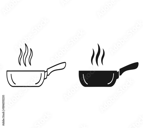 Simple black and white illustration depicting two frying pans with rising steam showcasing different styles