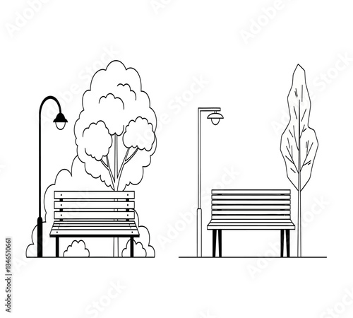A simple park scene depicting benches under trees and street lamps in a minimalistic style