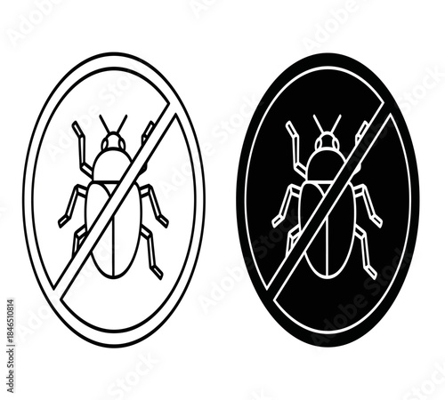 Two circular prohibition signs depicting a beetle with a diagonal line through it in both white and black variations