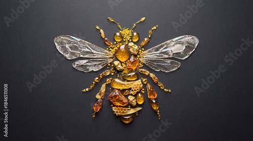 Bee insect shape made of honey drops, honeycomb and amber on black