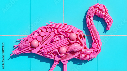 Pink flamingo bird shape made of plastic waste items on blue tile