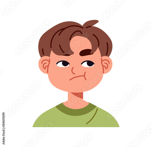 Little boy is fed up and rolls his eyes. Avatar of bored kid with annoyed facial expression. Portrait of child with dissatisfied emotions on face. Flat isolated vector illustration on white background