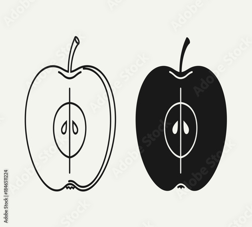 A simple illustration showcases two apple halves one outlined and one solid black both revealing a central core with seeds