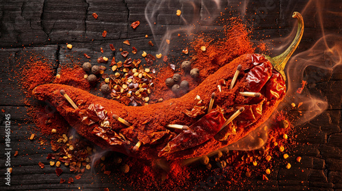 Red chili pepper shape made of spices, matches and smoke on charcoal