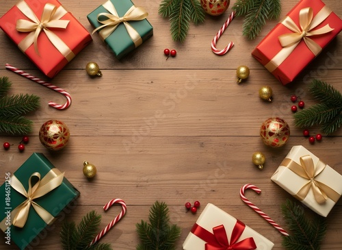 Christmas Frame with Gift Boxes on Wooden Background