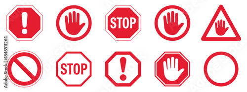 Red Stop Sign Icon Set, featuring Do Not Enter, warning, and danger symbols, flat vector illustration perfect for safety design, traffic signs, alert graphics, road signage,