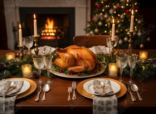 Traditional Christmas Dinner with Roasted Turkey and Fireplace