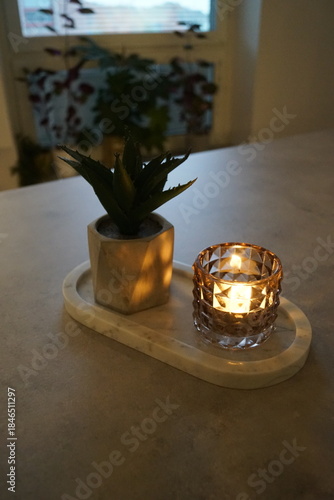Candle decorations on a marble plate