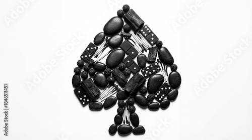 Ace of spades card shape made of black stones and dominoes on white
