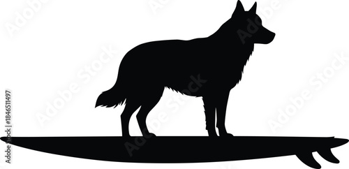 Surfing dog silhouette on longboard, energetic German Shepherd style canine riding waves, minimalist black vector, adventure pet sport concept illustration