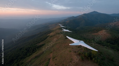 Serpentine drones cascade over misty montane ridges, evoking aerial symphony, airspace innovation, World Drone Day celebration vibes