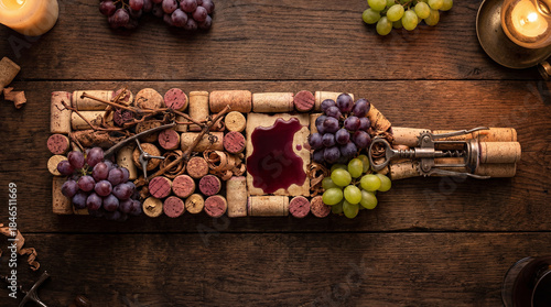 Wine bottle shape made of corks and grapes on rustic wooden table