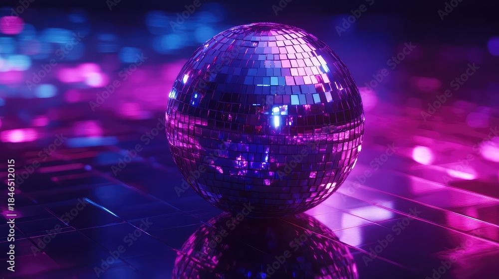 Obraz premium Disco ball reflecting neon blue and pink light across a glossy surface, casting vibrant bokeh and glittering reflections to evoke club night energy, dance, and celebration