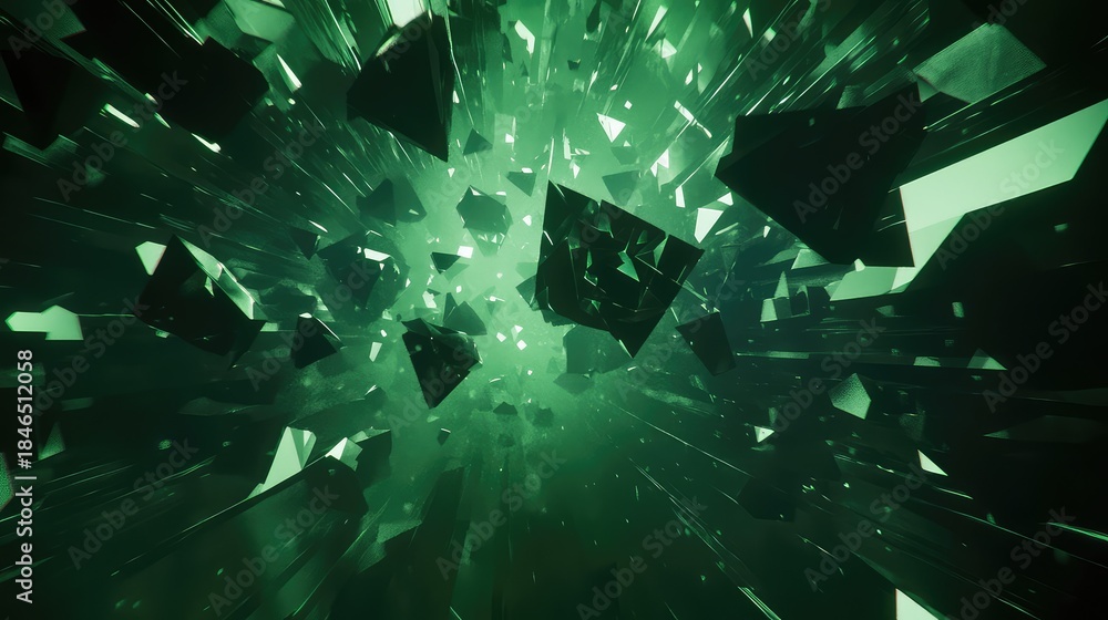 Fototapeta premium Abstract shattered dark green geometric fragments flying quickly through an illuminated tunnel, creating a dynamic background representing data, digital concepts, or energetic disruption