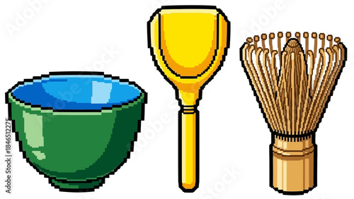 Vibrant green tea bowl with blue interior, golden scoop, and bamboo whisk