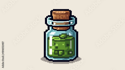 Vibrant green potion in glass bottle with cork stopper